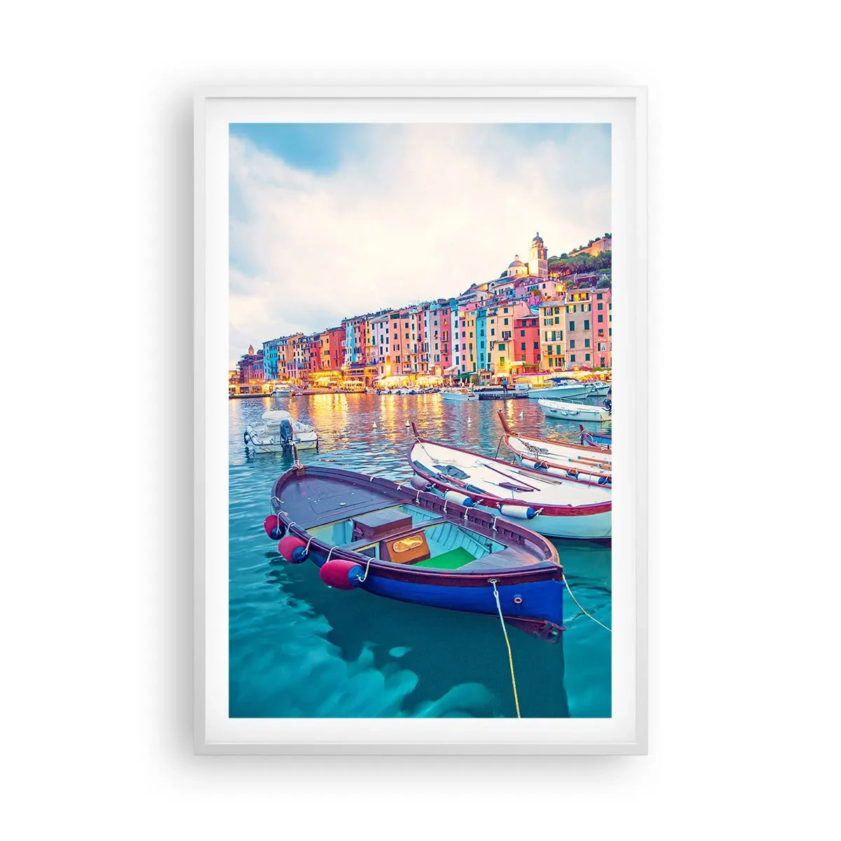 Plakát v bílém rámu - Barevný večer v přístavu - 61x91 cm