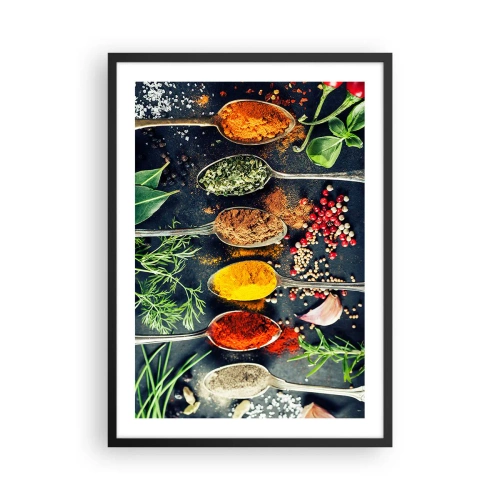 Plakát v černém rámu - Barevné koření a bylinky na kovových lžičkách - 50x70cm - Kulinářská magie - Moderní nástěnná dekorace do obývacího pokoje a ložnice ARTTOR