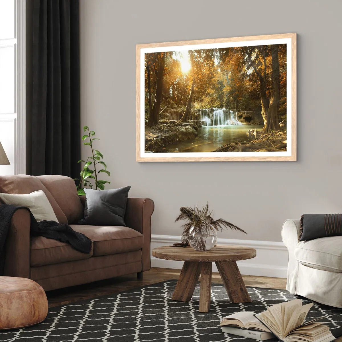 Plakát v rámu světlý dub - Parkový vodopád - 70x50 cm