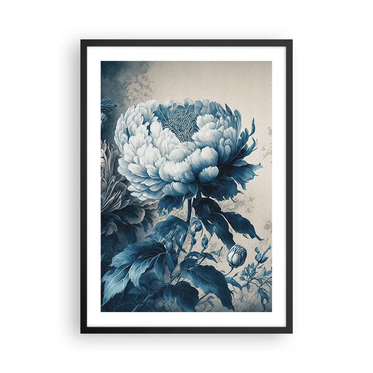 Plakát v černém rámu - Jemný modrý květ ve vintage stylu - 50x70cm - Shodný pár - Moderní nástěnná dekorace do obývacího pokoje a ložnice ARTTOR