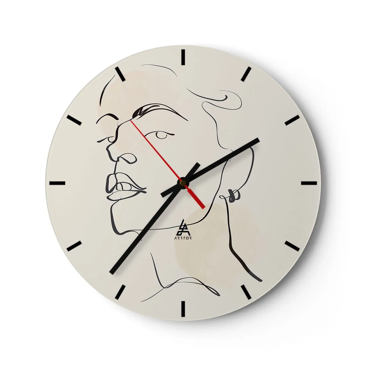 Nástěnné hodiny - Minimalistická linie vytvářející portrét ženy na světlém pozadí - 30x30cm - Hrdý pohled - Moderní nástěnná dekorace do obývacího pokoje, kuchyně a ložnice ARTTOR