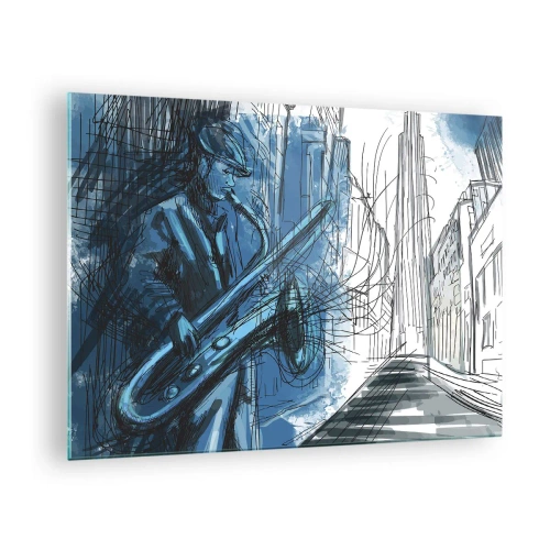 Obraz na skle - Jazzový saxofonista v modrém městském prostředí - 70x50cm - Městská rapsodie - Moderní nástěnná dekorace do obývacího pokoje a ložnice ARTTOR