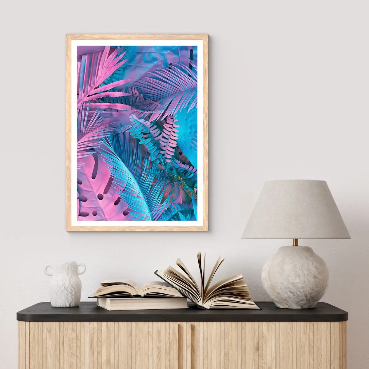 Plakát v rámu světlý dub - Tropy v růžové a modré - 30x40 cm