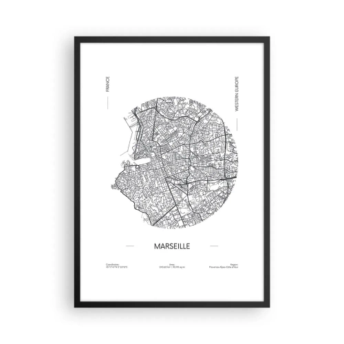 Plakát v černém rámu - Minimalistická mapa Marseille v kruhu - 50x70cm - Anatomie Marseille - Moderní nástěnná dekorace do obývacího pokoje a ložnice ARTTOR