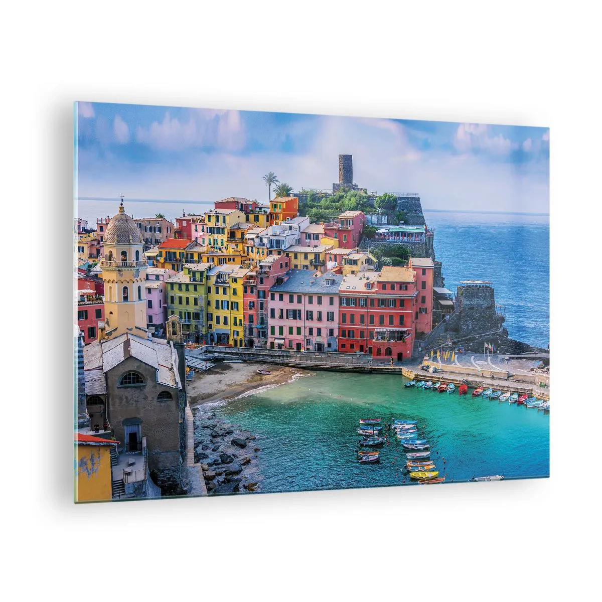 Obraz na skle - Barevné středomořské město u modrého moře - 70x50cm - Středomořské kouzelné městečko - Moderní nástěnná dekorace do obývacího pokoje a ložnice ARTTOR