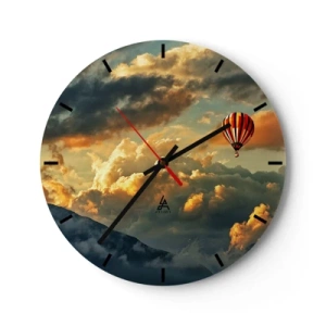 Nástěnné hodiny - Balón vznášející se mezi mraky při západu slunce - 30x30cm - Letím, protože chci - Moderní nástěnná dekorace do obývacího pokoje, kuchyně a ložnice ARTTOR