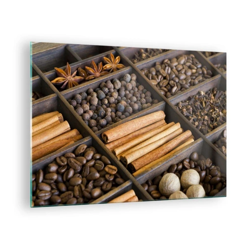 Obraz na skle - Koření v dřevěných přihrádkách - 70x50cm - Pokladnice vůní - Moderní nástěnná dekorace do obývacího pokoje a ložnice ARTTOR