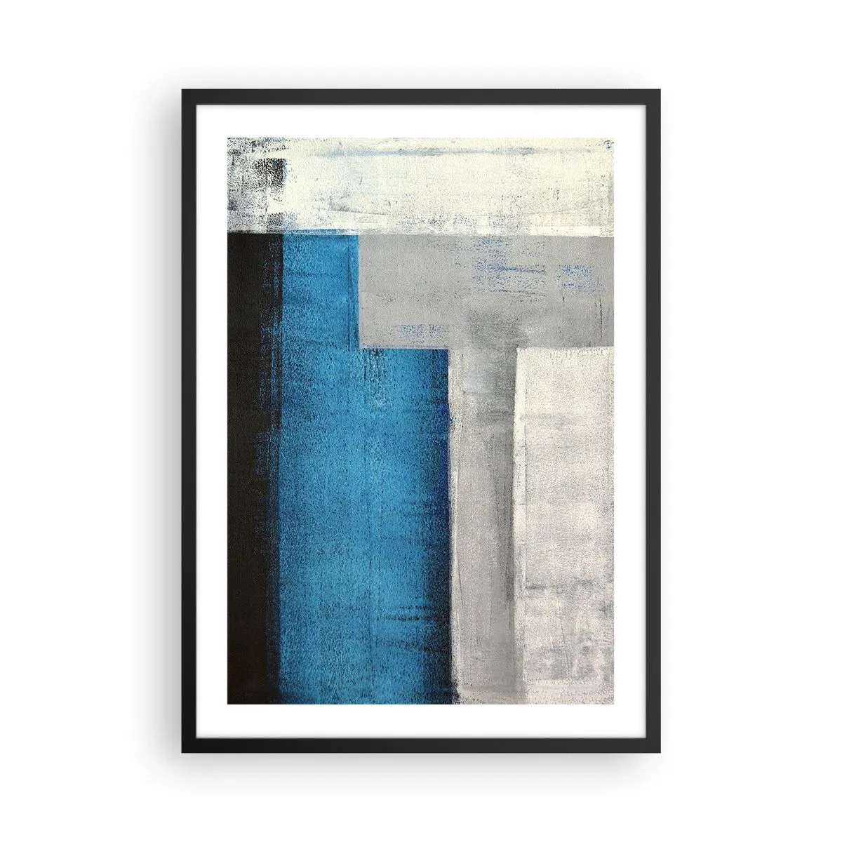 Plakát v černém rámu - Geometrická abstrakce v odstínech modré a šedé - 50x70cm - Poetická kompozice šedé a modré - Moderní nástěnná dekorace do obývacího pokoje a ložnice ARTTOR