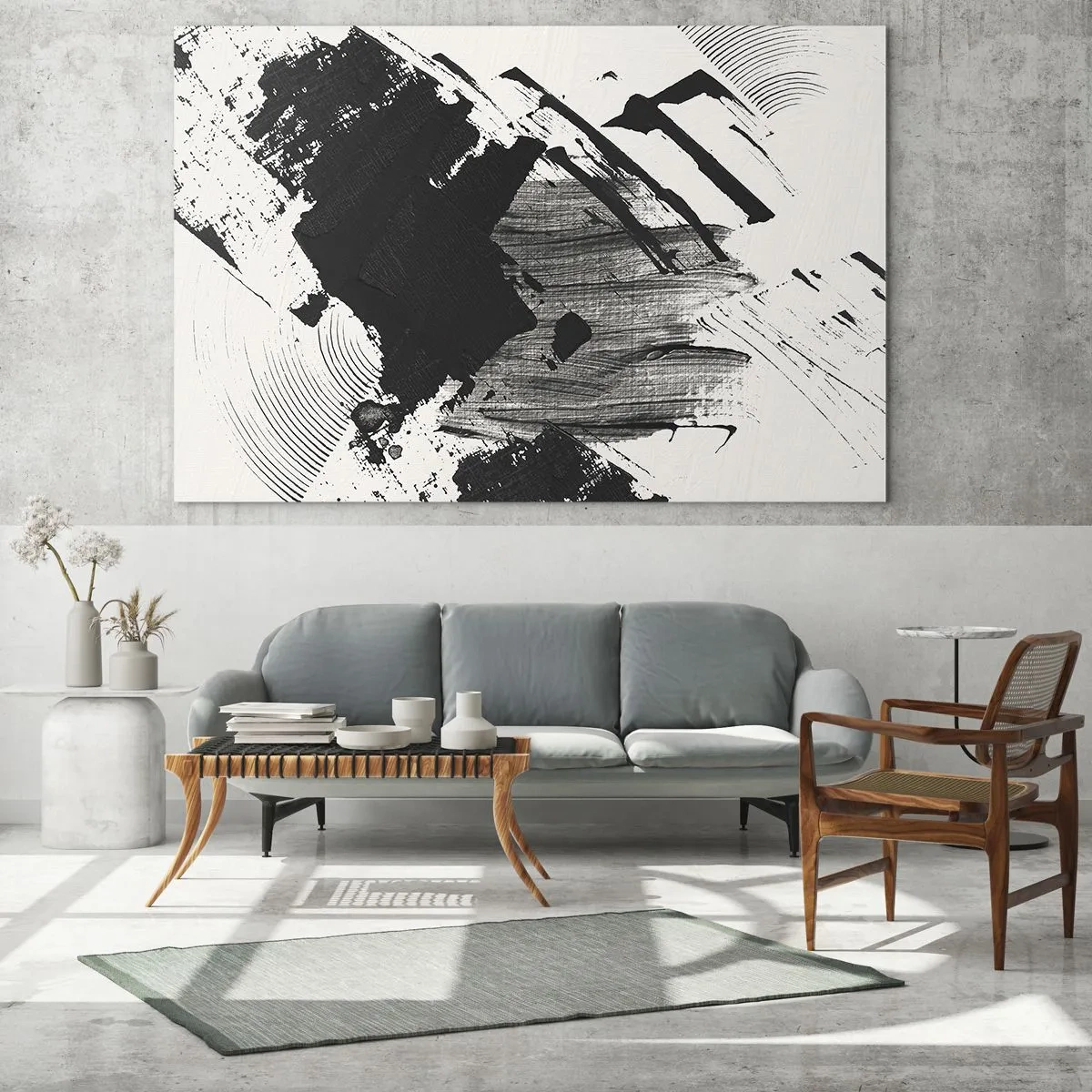 Obraz na skle - Expresivní abstrakce v černé a bílé s dynamickými tahy. - 70x50cm - Abstrakce – exprese černé - Moderní nástěnná dekorace do obývacího pokoje a ložnice ARTTOR
