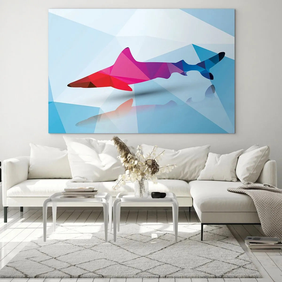 Obraz na skle - Geometrický žralok v odstínech červené a modré - 70x50cm - Žralok v krystalickém prostoru - Moderní nástěnná dekorace do obývacího pokoje a ložnice ARTTOR