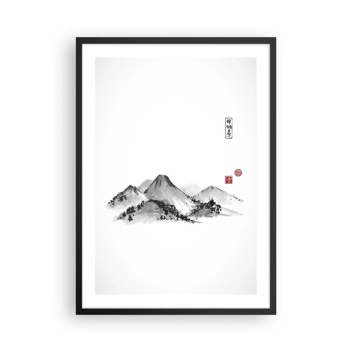 Plakát v černém rámu - Minimalistická horská krajina v japonském stylu - 50x70cm - Za hranicí vzdálenosti - Moderní nástěnná dekorace do obývacího pokoje a ložnice ARTTOR