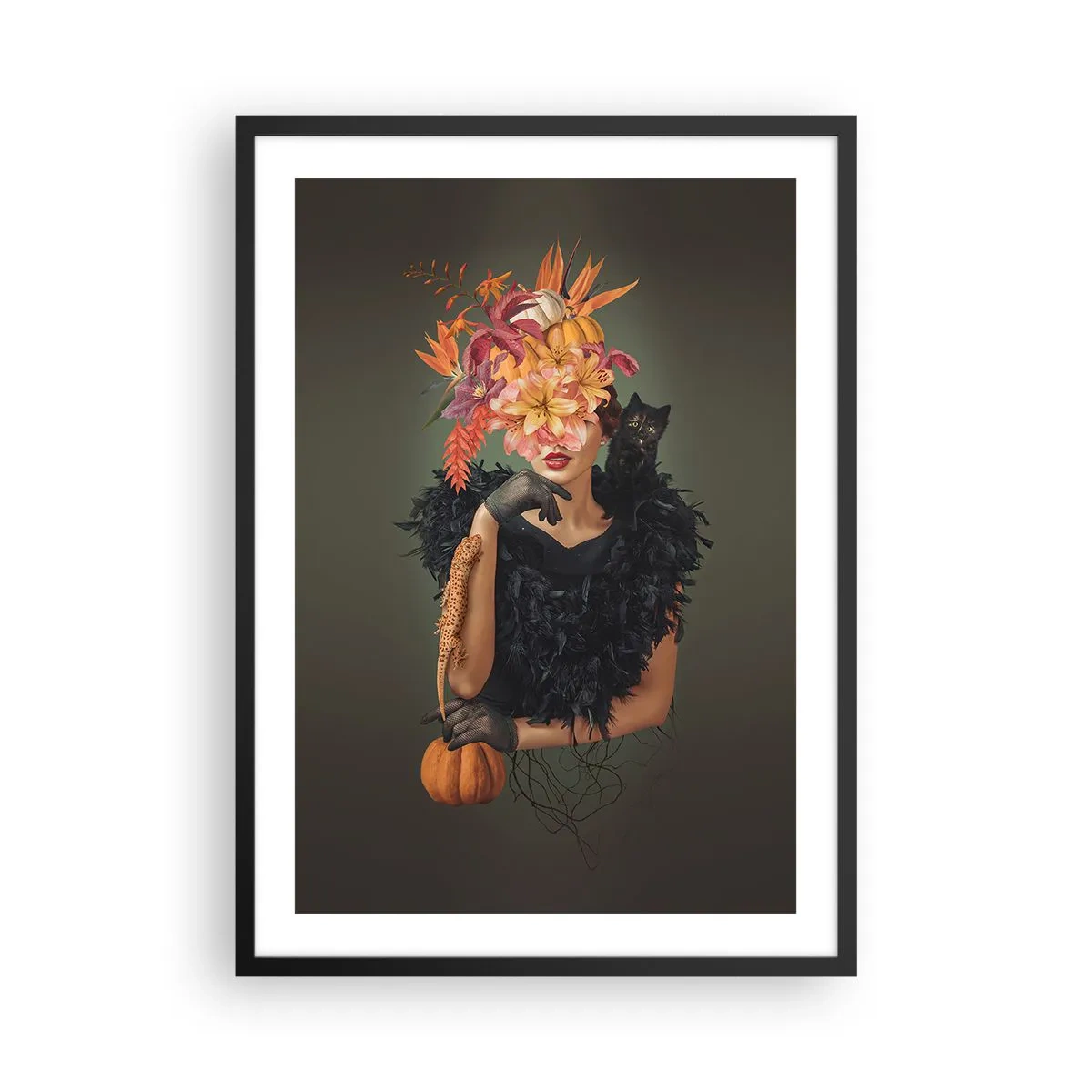 Plakát v černém rámu - Umělecký portrét ženy s květinami, dýní a černou kočkou. - 50x70cm - Kouzlo čarodějnice - Moderní nástěnná dekorace do obývacího pokoje a ložnice ARTTOR