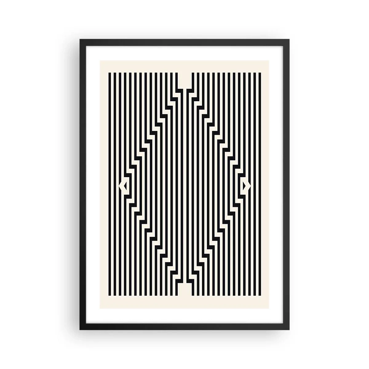 Plakát v černém rámu - Černobílé čáry vytvářející optickou iluzi - 50x70cm - Geometrická iluze - Moderní nástěnná dekorace do obývacího pokoje a ložnice ARTTOR