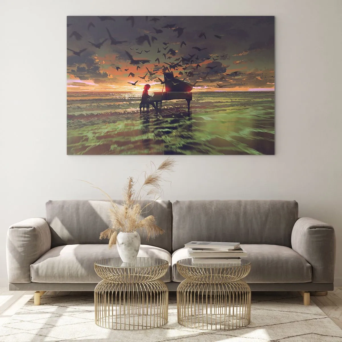 Obraz na skle - Klavírista hrající na klavír na pláži při západu slunce - 70x50cm - Koncert na piano a vlny - Moderní nástěnná dekorace do obývacího pokoje a ložnice ARTTOR