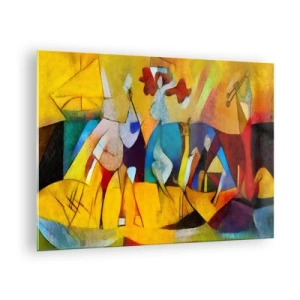 Obraz na skle - Barevná abstrakce s postavami a geometrickými tvary - 70x50cm - Slunce - život - radost - Moderní nástěnná dekorace do obývacího pokoje a ložnice ARTTOR