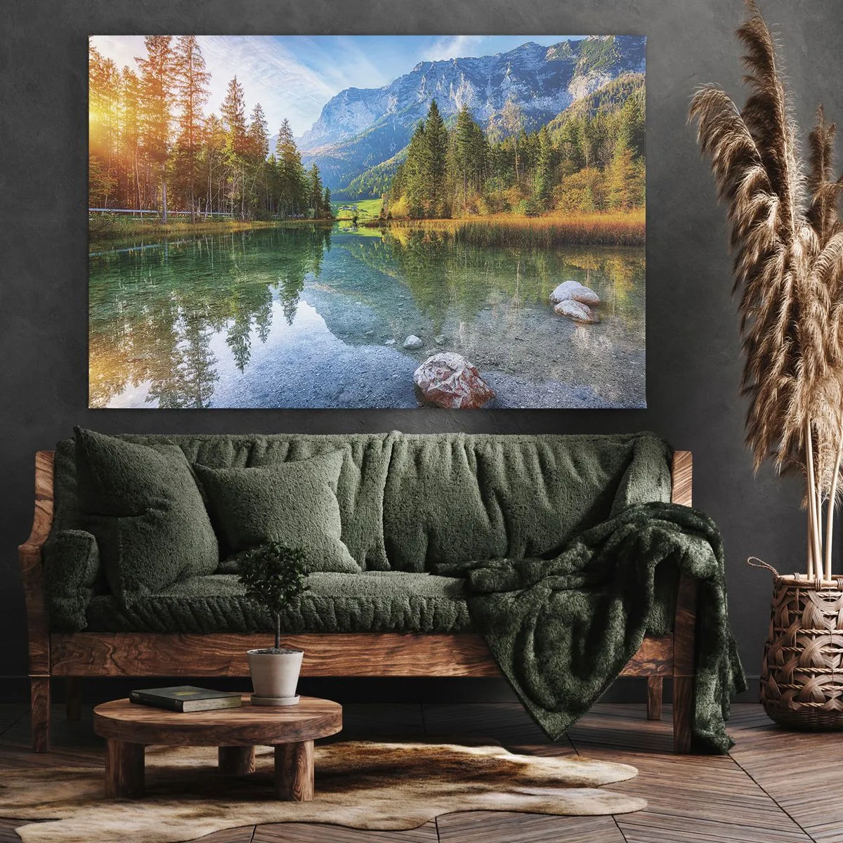 Obraz na plátně - Malebné jezero obklopené horami a lesy - 70x50cm - Něžnost podzimu - Moderní nástěnná dekorace do obývacího pokoje a ložnice ARTTOR