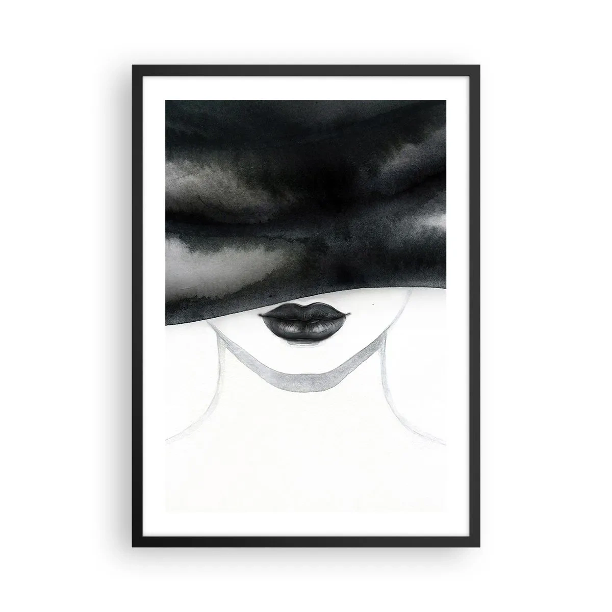 Plakát v černém rámu - Černobílý portrét ženy se zavázanýma očima - 50x70cm - Smyslná záhada - Moderní nástěnná dekorace do obývacího pokoje a ložnice ARTTOR
