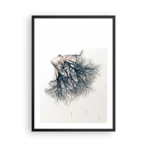 Plakát v černém rámu - Ženská tvář s větvemi tvořícími vlasy v surrealistickém stylu. - 50x70cm - Okouzlená šepotem stromu - Moderní nástěnná dekorace do obývacího pokoje a ložnice ARTTOR