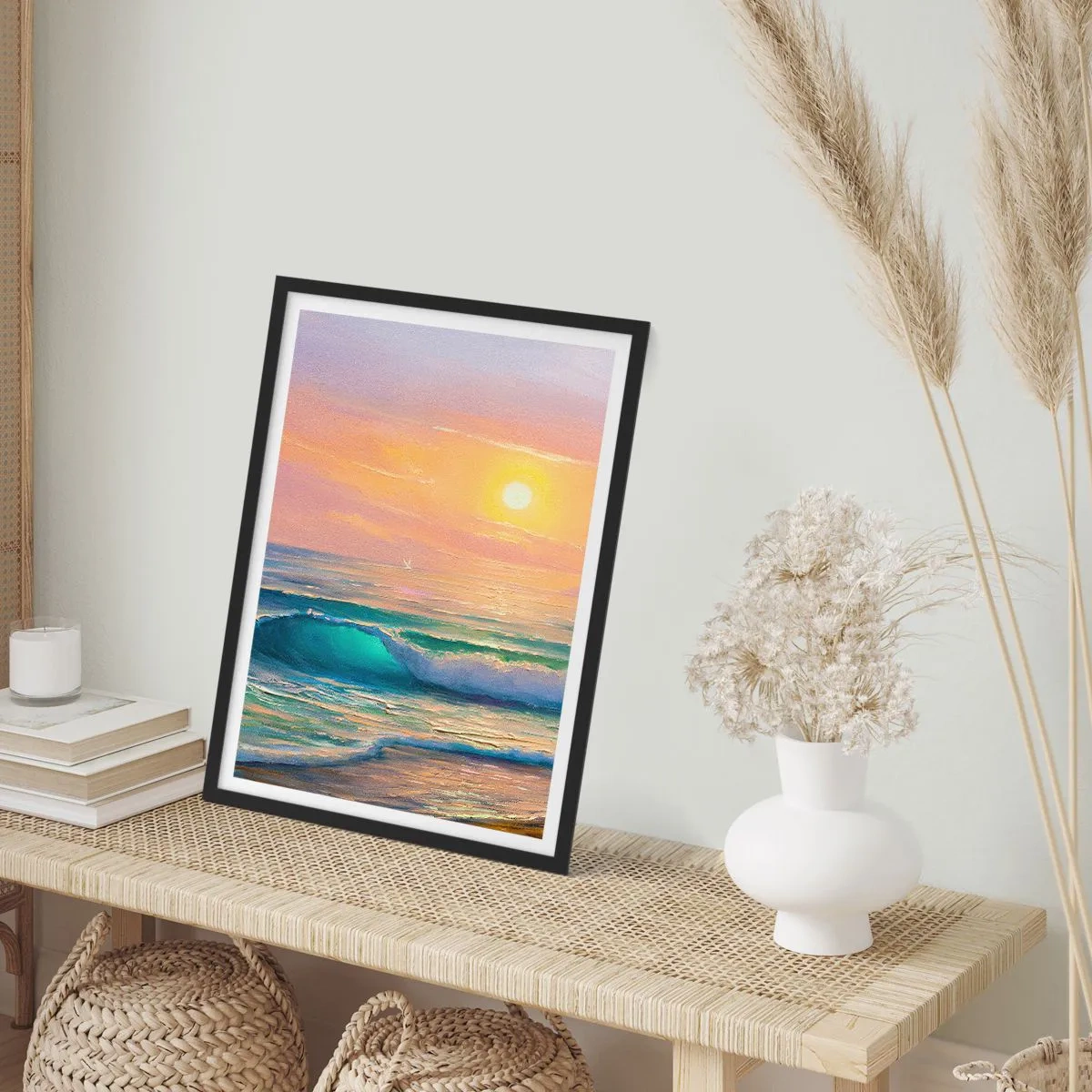 Plakát v černém rámu - Slunečný západ slunce nad klidným oceánem - 50x70cm - Tyrkysová píseň vln - Moderní nástěnná dekorace do obývacího pokoje a ložnice ARTTOR