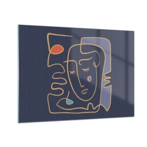 Obraz na skle - Abstraktní obličej v obrysu na tmavě modrém pozadí - 70x50cm - V zádumčivosti - Moderní nástěnná dekorace do obývacího pokoje a ložnice ARTTOR