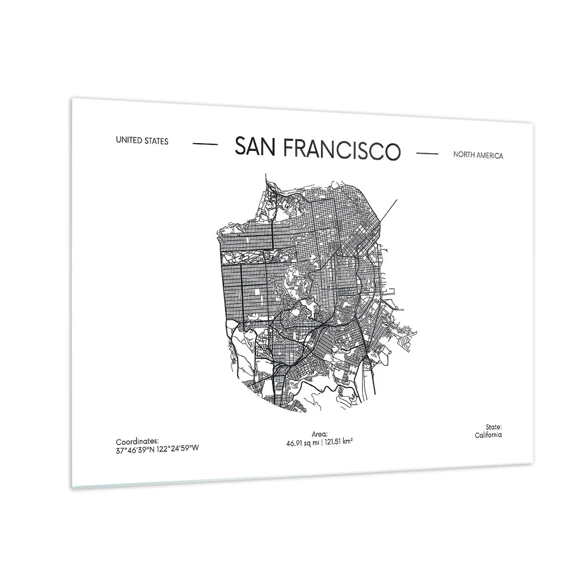 Obraz na skle - Minimalistická mapa ulic San Francisca - 70x50cm - Anatomie San Francisca - Moderní nástěnná dekorace do obývacího pokoje a ložnice ARTTOR