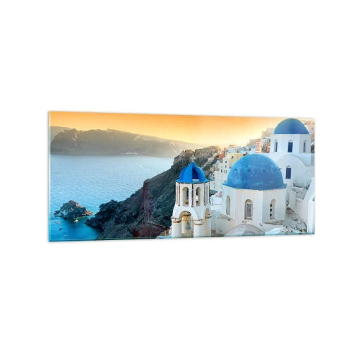 Obraz na skle - Santorini - přitulené ke skalám - 120x50 cm