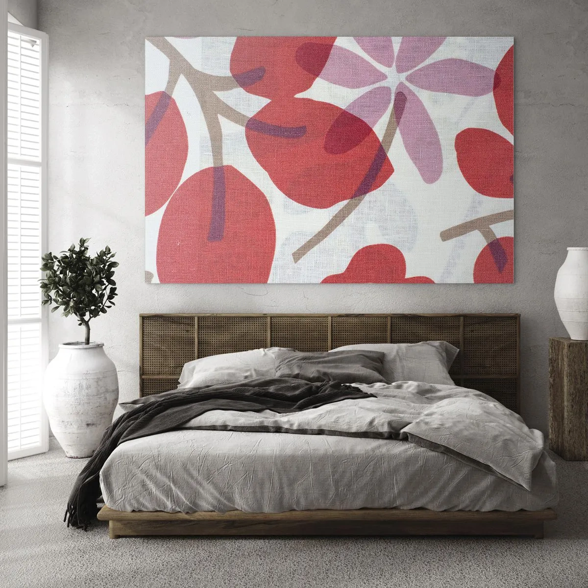 Obraz na skle - Růžové a červené listy a květy na světlém pozadí - 70x50cm - Květinová kompozice v růžové - Moderní nástěnná dekorace do obývacího pokoje a ložnice ARTTOR