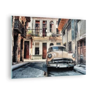Obraz na skle - Retro auto na ulici starého města - 70x50cm - Siesta v Havaně - Moderní nástěnná dekorace do obývacího pokoje a ložnice ARTTOR