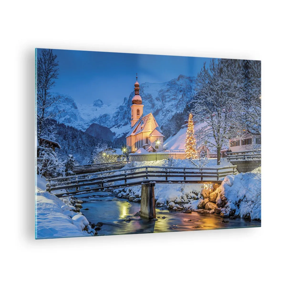 Obraz na skle - Vánoční krajina v zimním prostředí - 70x50cm - Duch Vánoc - Moderní nástěnná dekorace do obývacího pokoje a ložnice ARTTOR
