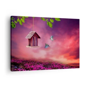 Obraz na plátně - Malebná krajina s ptačí budkou a západem slunce - 70x50cm - Pozvání na večeři - Moderní nástěnná dekorace do obývacího pokoje a ložnice ARTTOR