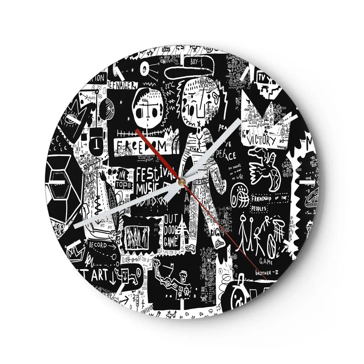 Nástěnné hodiny - Ciferník s dynamickým černobílým uměleckým motivem čmáranice. - 30x30cm - Práva a radosti duševního mládí - Moderní nástěnná dekorace do obývacího pokoje, kuchyně a ložnice ARTTOR