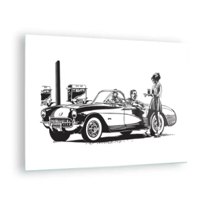 Obraz na skle - Kreativní grafika s klasickým autem a postavami - 70x50cm - 60. - bezstarostná Amerika - Moderní nástěnná dekorace do obývacího pokoje a ložnice ARTTOR