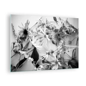 Obraz na skle - Roztroušené černobílé květiny v uměleckém aranžmá - 70x50cm - Květiny bez kytice - Moderní nástěnná dekorace do obývacího pokoje a ložnice ARTTOR
