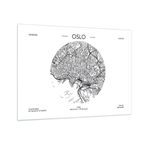 Obraz na skle - Mapa města Oslo v černobílém grafickém stylu - 70x50cm - Anatomie Osla - Moderní nástěnná dekorace do obývacího pokoje a ložnice ARTTOR