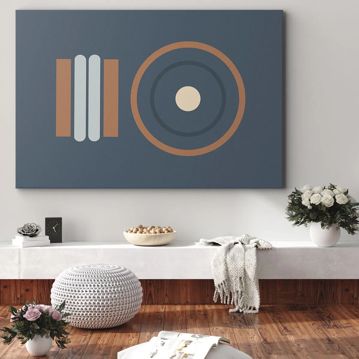 Obraz na plátně - Geometrická kompozice s kruhy a obdélníky v tlumených barvách. - 70x50cm - Podstata věcí - Moderní nástěnná dekorace do obývacího pokoje a ložnice ARTTOR