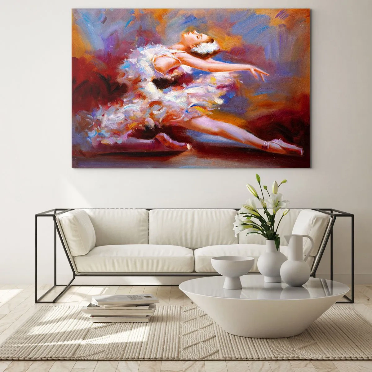 Obraz na skle - Baletka v dynamické póze na pozadí abstraktních barev. - 70x50cm - Labutí elegance - Moderní nástěnná dekorace do obývacího pokoje a ložnice ARTTOR
