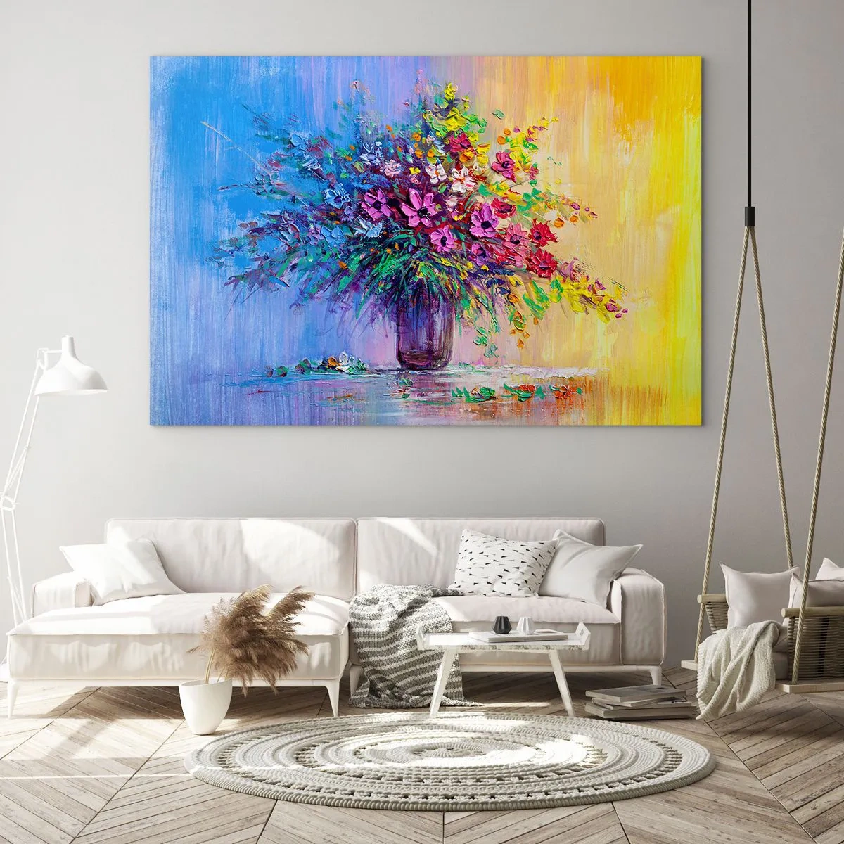 Obraz na skle - Barevná kytice květin ve váze na abstraktním pozadí - 70x50cm - Dar letní louky - Moderní nástěnná dekorace do obývacího pokoje a ložnice ARTTOR