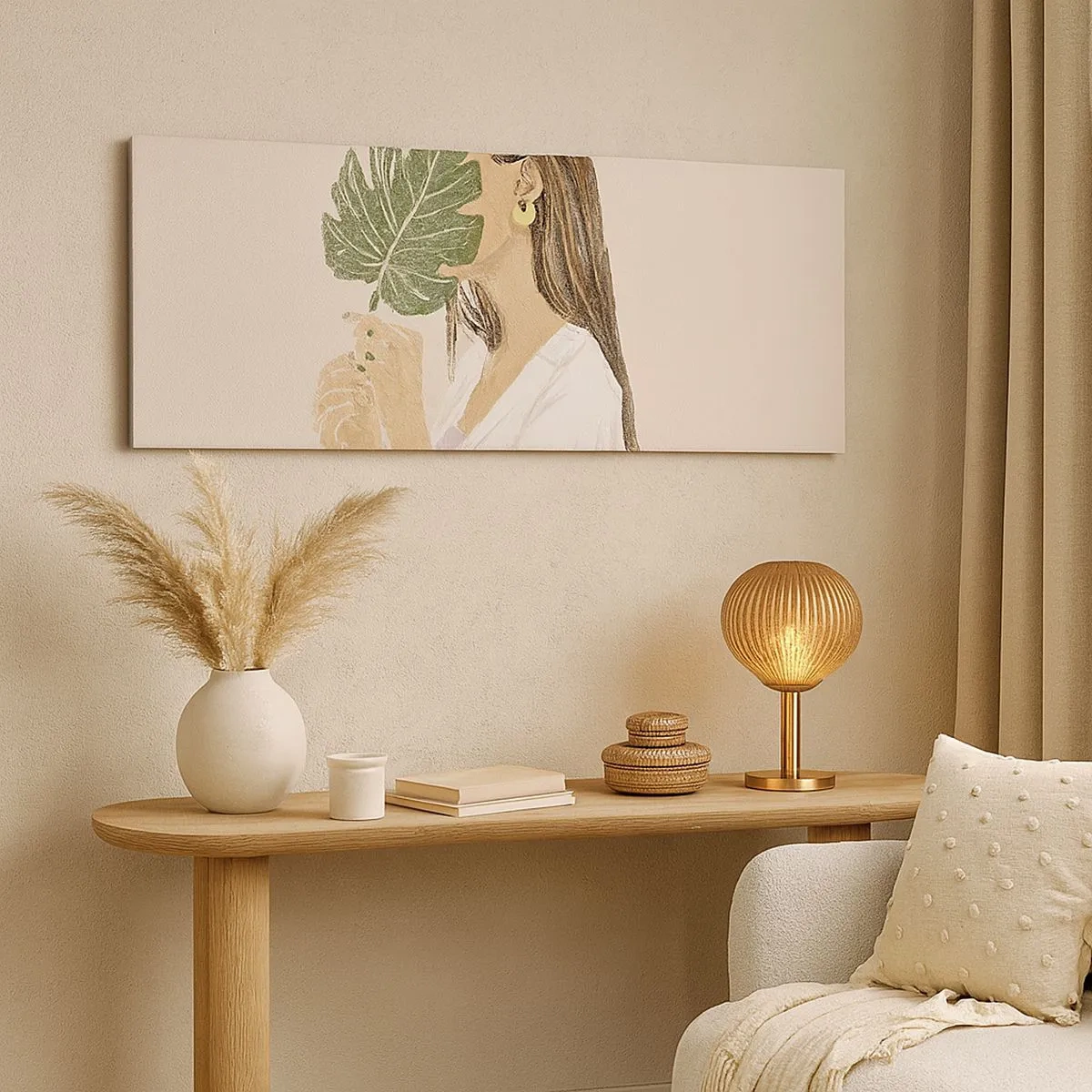 Obraz na plátně - Tajemný portrét s vějířem - 100x40 cm