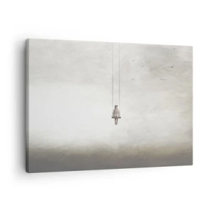 Obraz na plátně - Postava na houpačce zavěšená v prostoru - 70x50cm - Dítě v nás - Moderní nástěnná dekorace do obývacího pokoje a ložnice ARTTOR