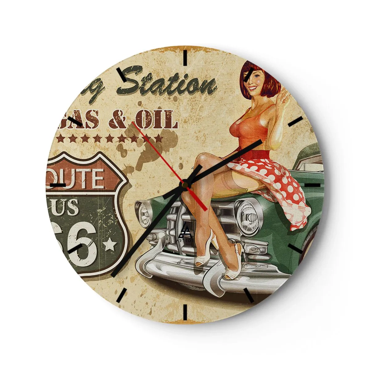 Nástěnné hodiny - Pin-up girl a retro auto - 30x30cm - Skvělá 40. léta - Moderní nástěnná dekorace do obývacího pokoje, kuchyně a ložnice ARTTOR