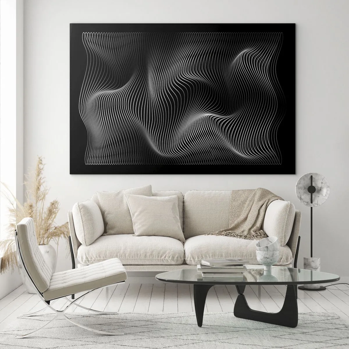 Obraz na skle - Hypnotizující bílé čáry vlnící se na černém pozadí - 70x50cm - Tanec světla v prostoru - Moderní nástěnná dekorace do obývacího pokoje a ložnice ARTTOR