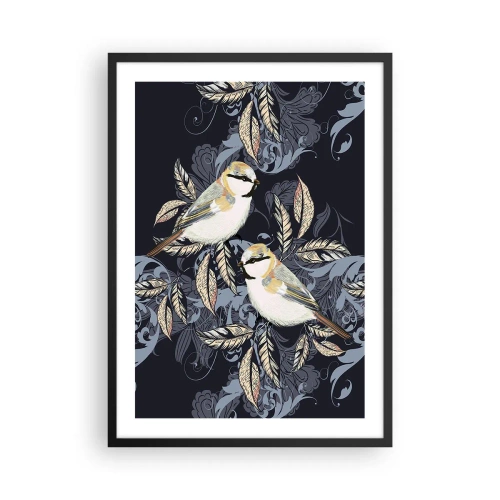 Plakát v černém rámu - Dva ptáci na pozadí dekorativních listů a ornamentů - 50x70cm - Žlutomodrá píseň - Moderní nástěnná dekorace do obývacího pokoje a ložnice ARTTOR