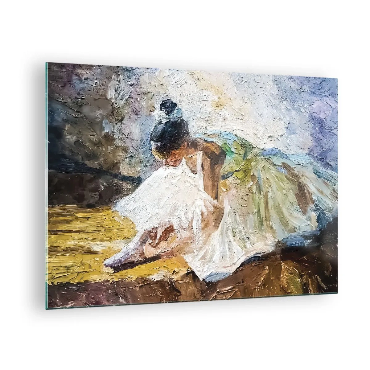 Obraz na skle - Baletka se naklání dopředu v bílých šatech namalovaných olejovou texturou - 70x50cm - Z Degasova obrazu - Moderní nástěnná dekorace do obývacího pokoje a ložnice ARTTOR