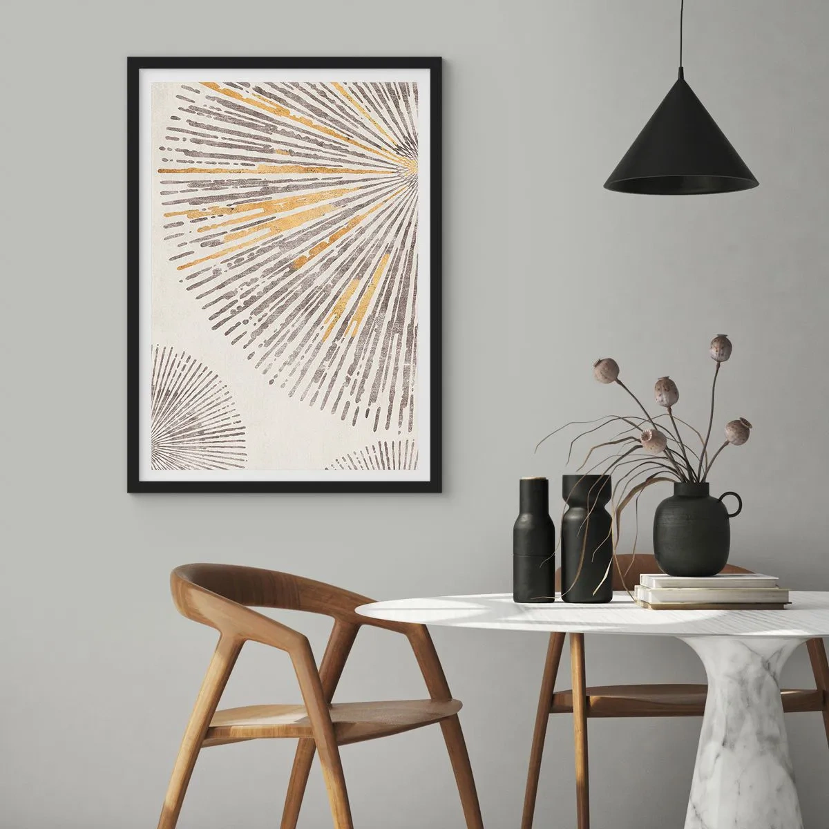 Plakát v černém rámu - Abstraktní paprskový vzor v odstínech zlaté a hnědé - 50x70cm - Krása paprsku - Moderní nástěnná dekorace do obývacího pokoje a ložnice ARTTOR