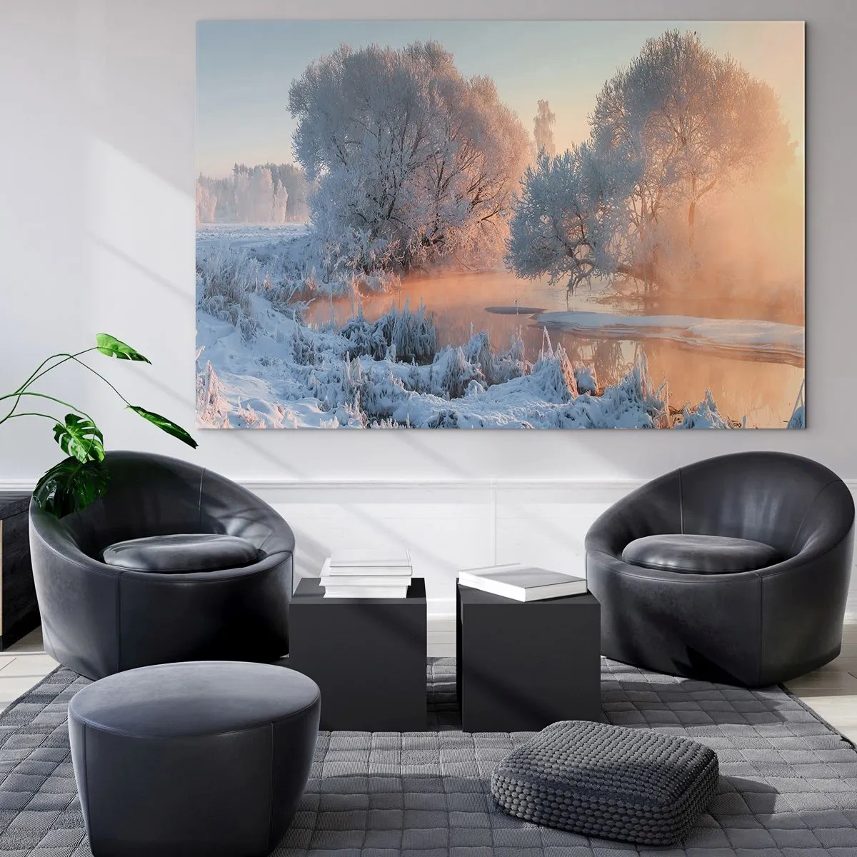 Obraz na skle - Zimní krajina se zamrzlým jezerem a ranní mlhou - 70x50cm - Vše se leskne ve slunečním krystalu - Moderní nástěnná dekorace do obývacího pokoje a ložnice ARTTOR