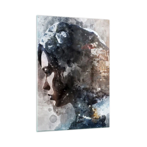 Obraz na skle - Příběh o dívce s městem v pozadí - 50x70 cm