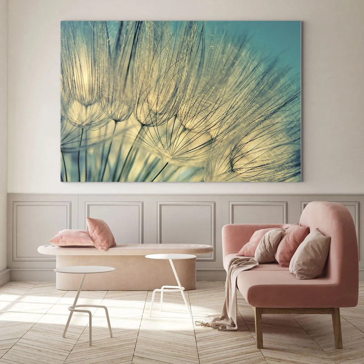 Obraz na skle - Makrofotografie pampelišky na tyrkysovém pozadí - 70x50cm - Čekání na vítr - Moderní nástěnná dekorace do obývacího pokoje a ložnice ARTTOR