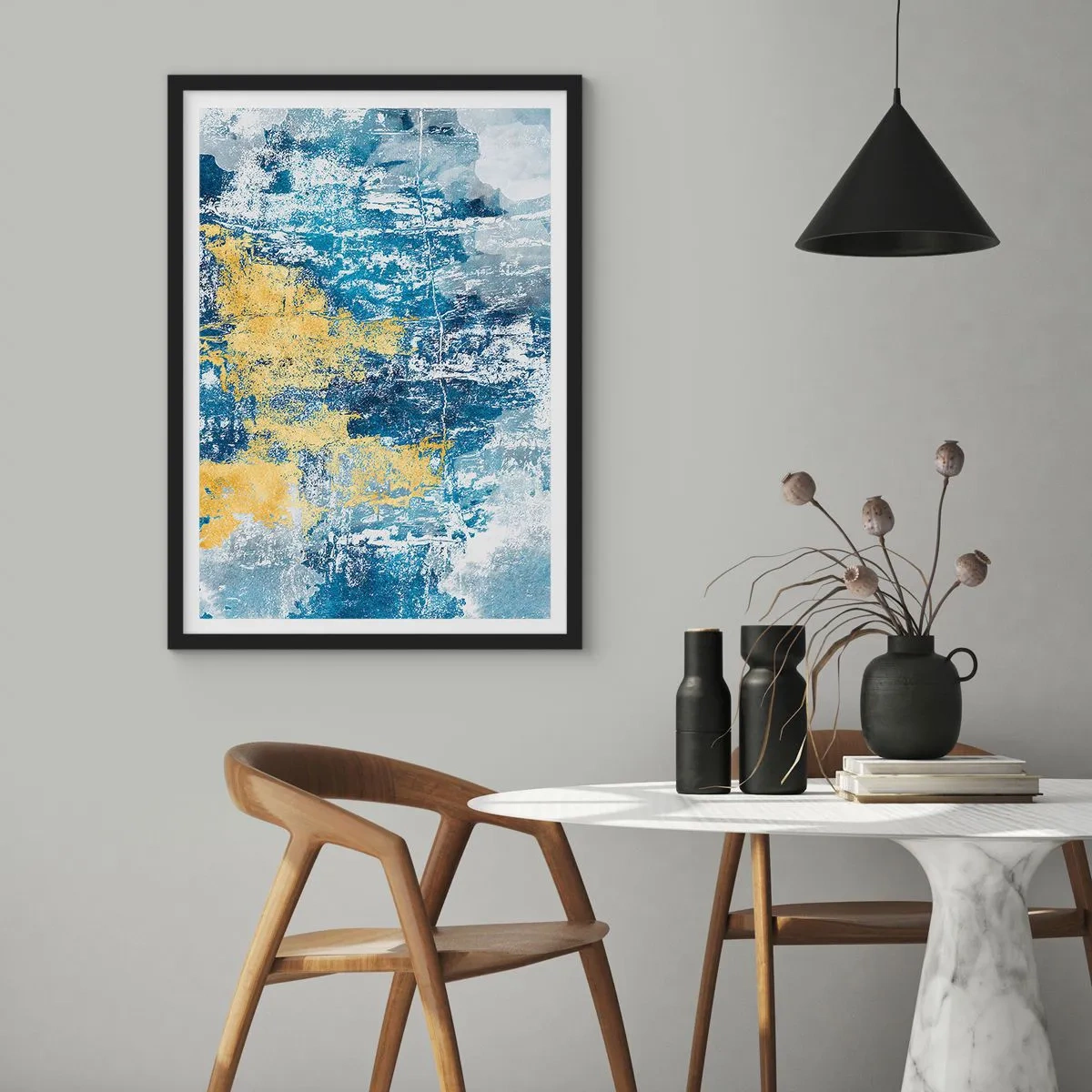 Plakát v černém rámu - Abstraktní kompozice modré a zlaté textury - 50x70cm - Abstrakce s dobrou náladou - Moderní nástěnná dekorace do obývacího pokoje a ložnice ARTTOR