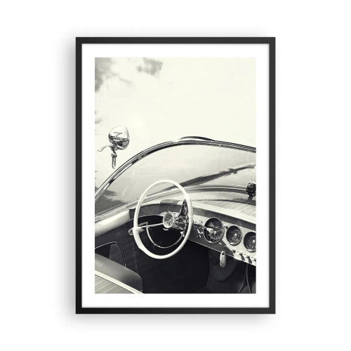 Plakát v černém rámu - Interiér klasického vozu s volantem - 50x70cm - Počasí pro bohaté - Moderní nástěnná dekorace do obývacího pokoje a ložnice ARTTOR
