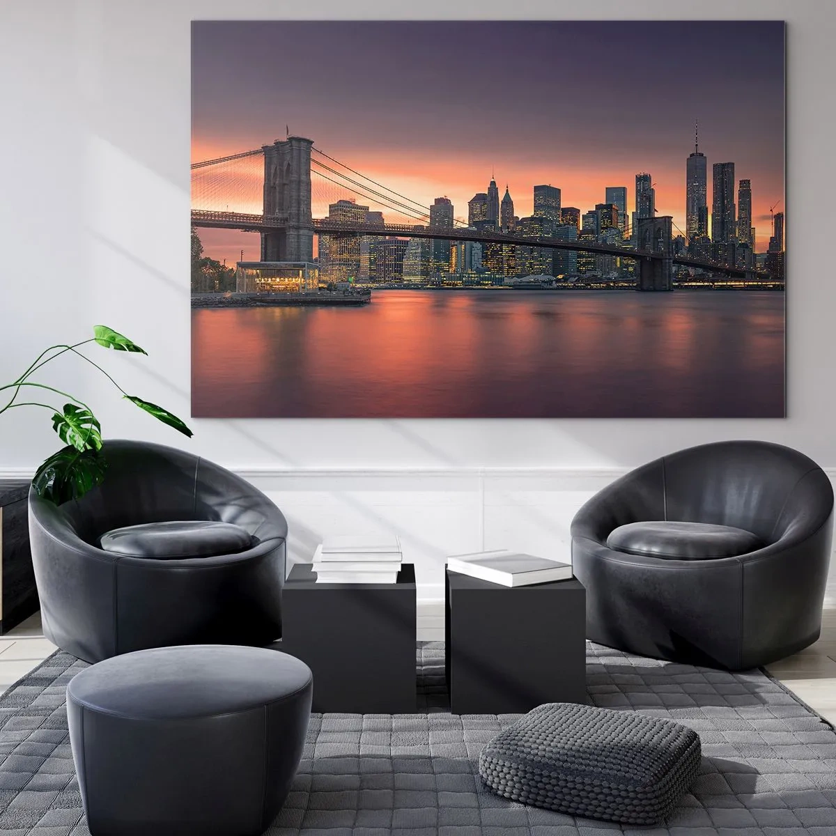 Obraz na skle - Brooklynský most při západu slunce - 70x50cm - Ponořené do liliového ticha - Moderní nástěnná dekorace do obývacího pokoje a ložnice ARTTOR